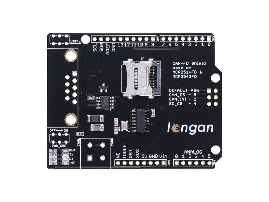 CAN FD Shield for Arduino - CAN-FD, CAN 2.0, industrial standard 9-pin sub-D, high-speed SPI interface, selectable OBD-II and CAN standard pinouts, adjustable chip select and INT pins