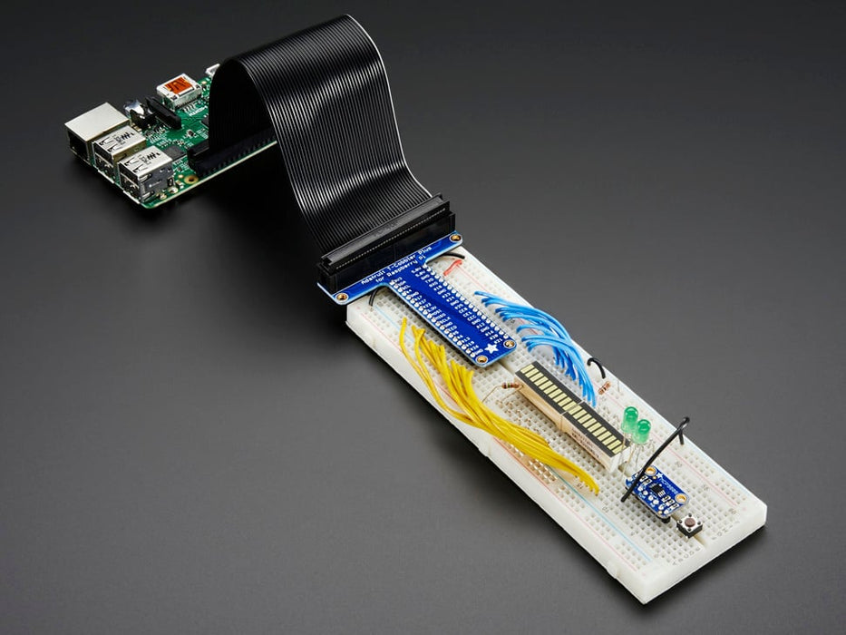 Angled shot of Assembled Pi T-Cobbler Plus next to GPIO ribbon cable