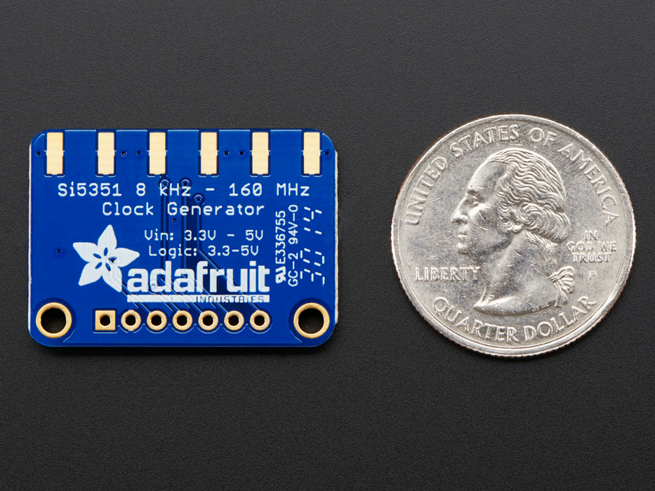 Angled shot of a Adafruit Si5351A Clock Generator Breakout Board. 