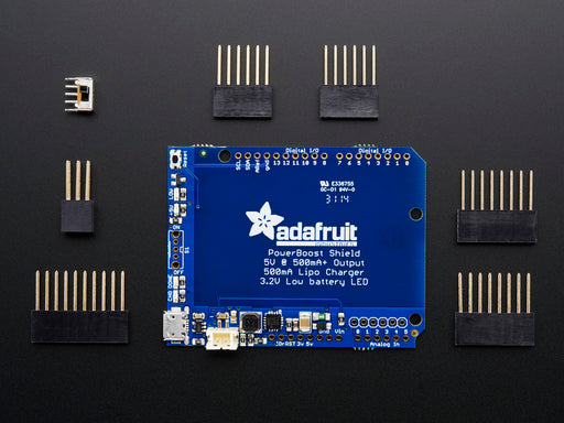 Angled shot of a Adafruit PowerBoost 500 Shield.