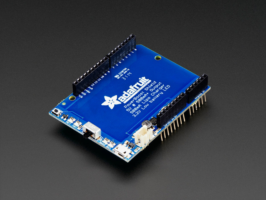 Angled shot of a Adafruit PowerBoost 500 Shield.