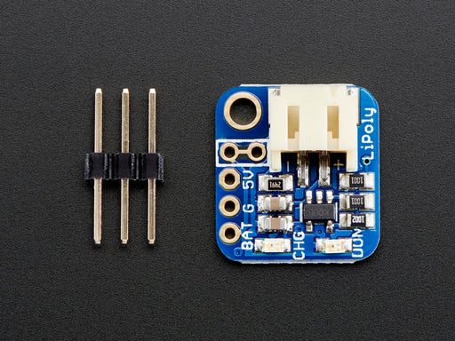 Adafruit LiIon/LiPoly Backpack soldered onto a Pro Trinket, plugged into a solderless breadboard.