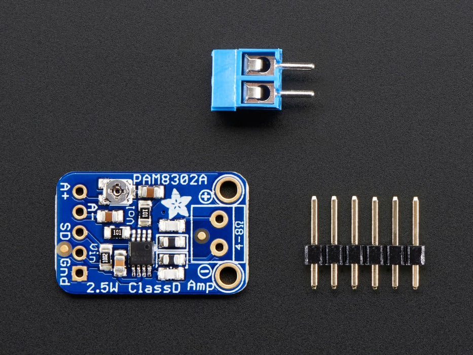 Angled shot of Adafruit Mono 2.5W Class D Audio Amplifier.