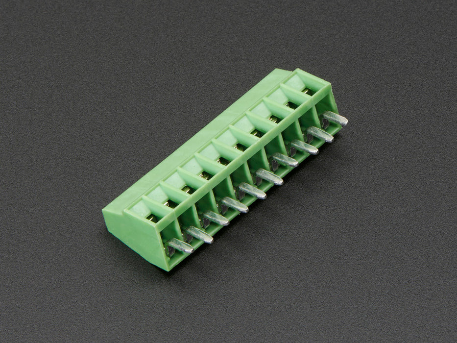 Angled shot of green 10-pin 2.54mm terminal block.