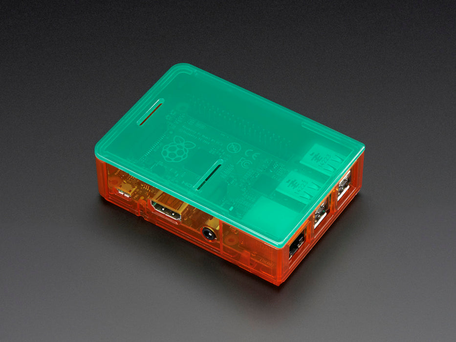 Angled shot of assembled orange Pi Model B+ / Pi 2 / Pi 3 Case Base without lid.