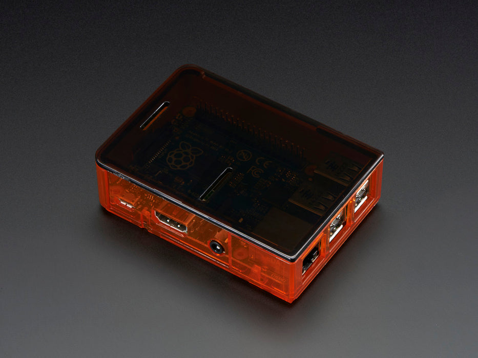 Angled shot of assembled orange Pi Model B+ / Pi 2 / Pi 3 Case Base without lid.