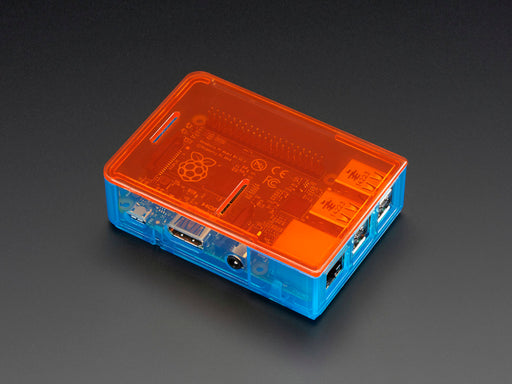 Angled shot of blue assembled Pi Model B+ / Pi 2 / Pi 3 case with the lid removed to show a Pi computer.