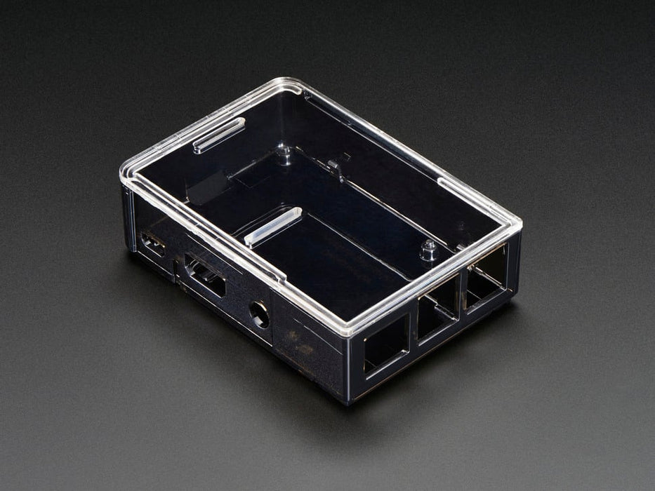 Angled shot of assembled black Pi Model B+ / Pi 2 / Pi 3 Case Base with a clear lid.