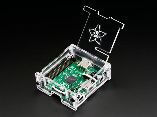 Side shot of assembled clear acrylic Enclosure for Raspberry Pi Model A+ featuring the USB port.