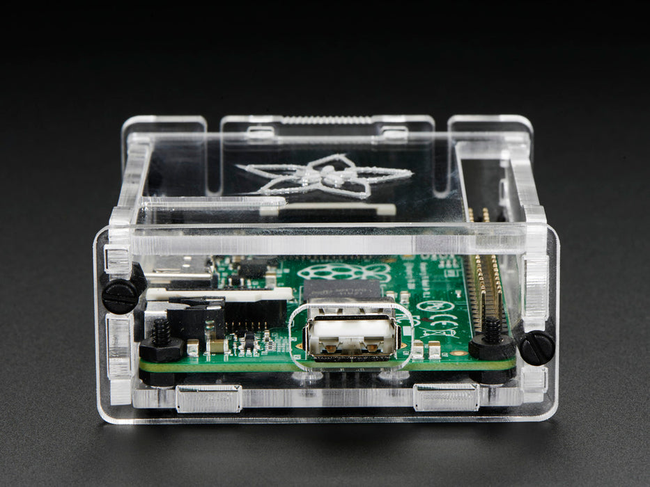 Side shot of assembled clear acrylic Enclosure for Raspberry Pi Model A+ featuring the USB port.