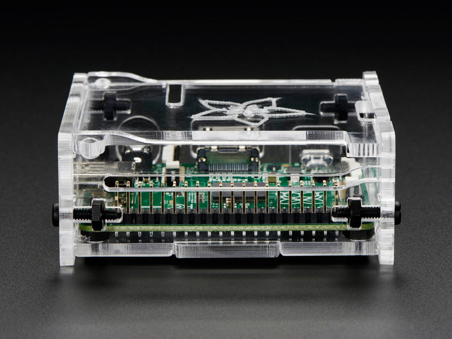 Side shot of assembled clear acrylic Enclosure for Raspberry Pi Model A+ featuring the USB port.