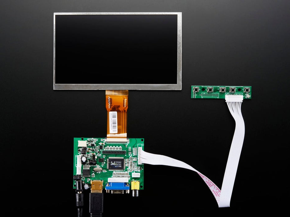 Front shot of a HDMI 4 Pi: 7" Display. The monitor displays a desktop background with a adafruit logo, raspberry logo, and a heart. 