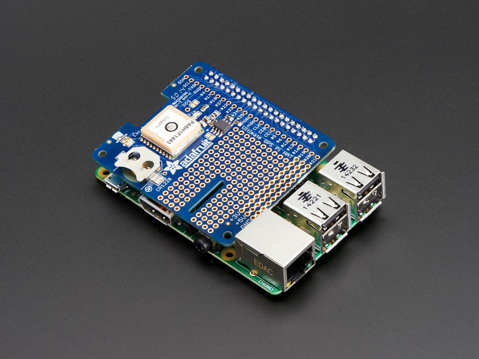 Angled shot of Adafruit Ultimate GPS HAT for Raspberry Pi A+/B+/Pi 2/3/Pi 4