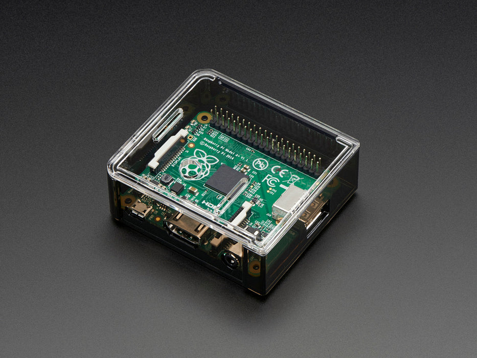 Assembled Adafruit Raspberry Pi A+ Case with a Pi in it. 