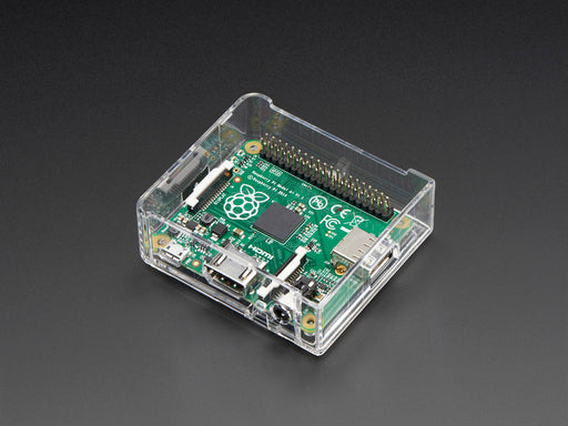 Angled shot of clear Raspberry Pi Model A+ Case without a lid.