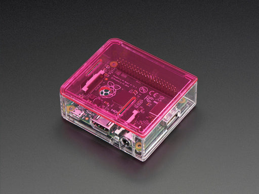 Angled shot of clear Raspberry Pi Model A+ Case without a lid.