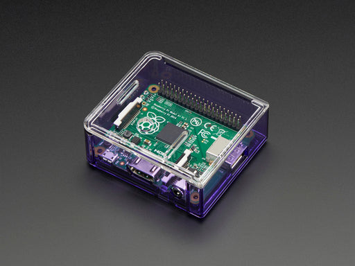 Angled shot of purple Raspberry Pi Model A+ Case without lid.