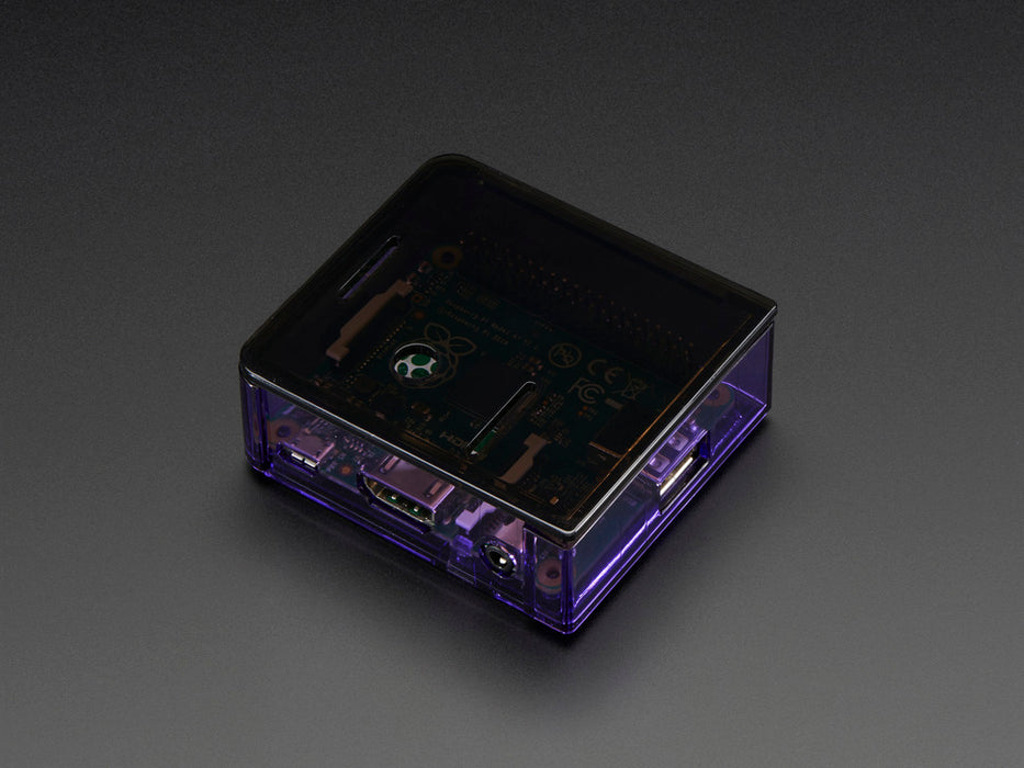 Angled shot of purple Raspberry Pi Model A+ Case without lid.