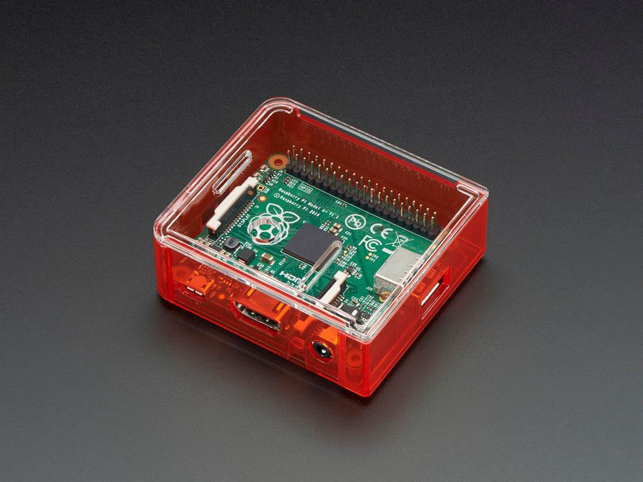 Angled shot of red Raspberry Pi Model A+ Case without lid.