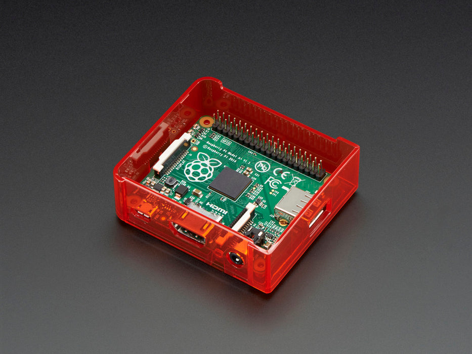 Angled shot of red Raspberry Pi Model A+ Case without lid.