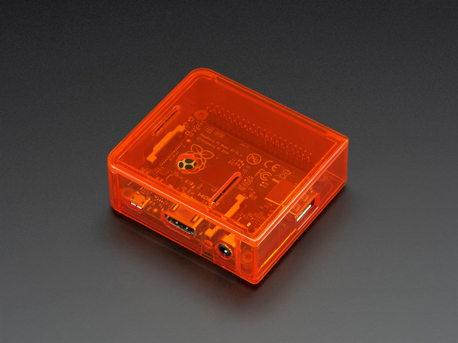 Angled shot of orange Raspberry Pi Model A+ Case without lid.