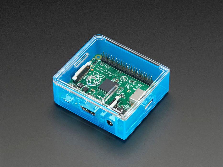 Angled shot of blue Raspberry Pi Model A+ Case without lid.