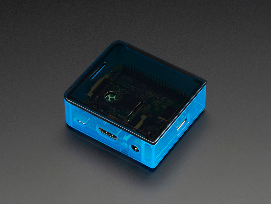 Angled shot of blue Raspberry Pi Model A+ Case without lid.