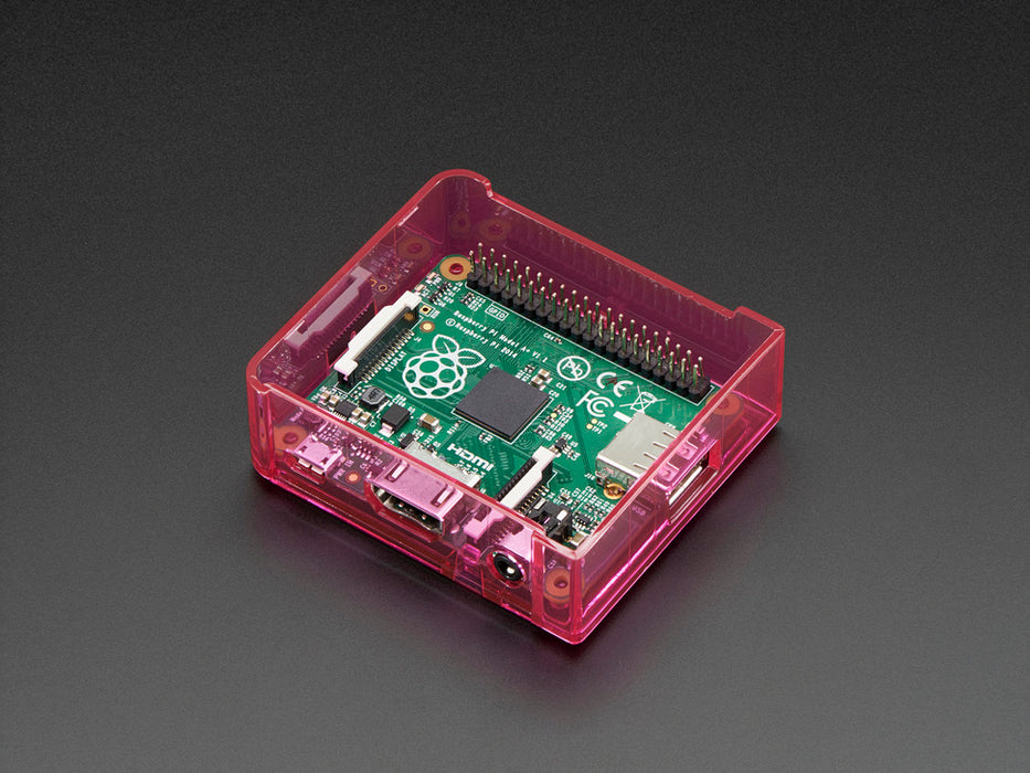 Angled shot of pink Raspberry Pi Model A+ Case without lid.