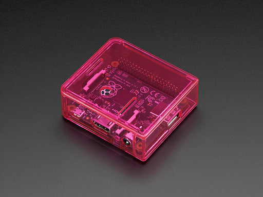 Angled shot of pink Raspberry Pi Model A+ Case without lid.