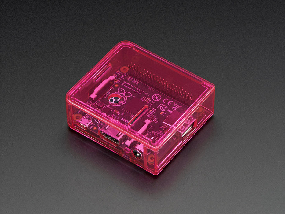 Angled shot of pink Raspberry Pi Model A+ Case without lid.