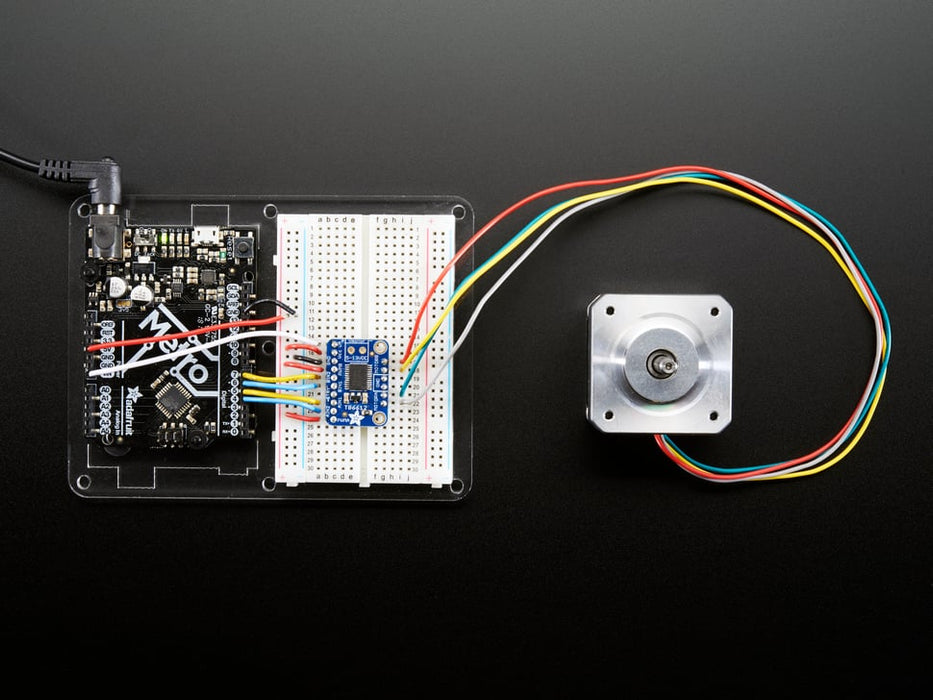 Video of a spinning motor driver connected to a Adafruit TB6612 1.2A DC/Stepper Motor Driver Breakout Board. 