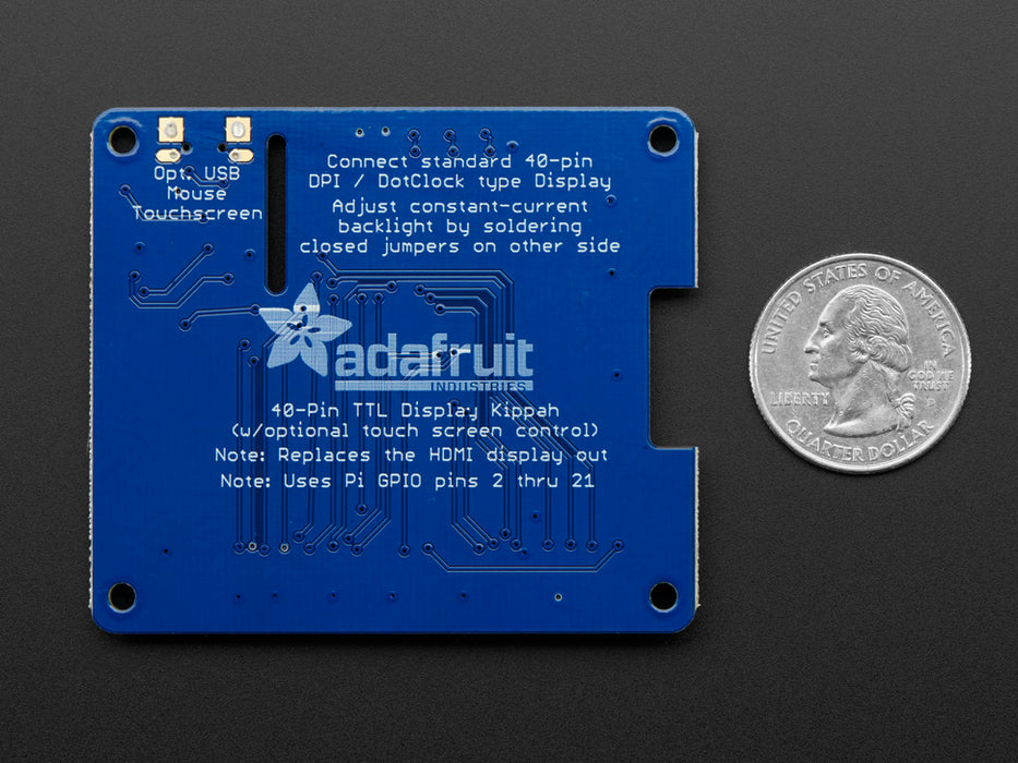 Adafruit DPI TFT Kippah for Raspberry Pi connected to a Pi and display.