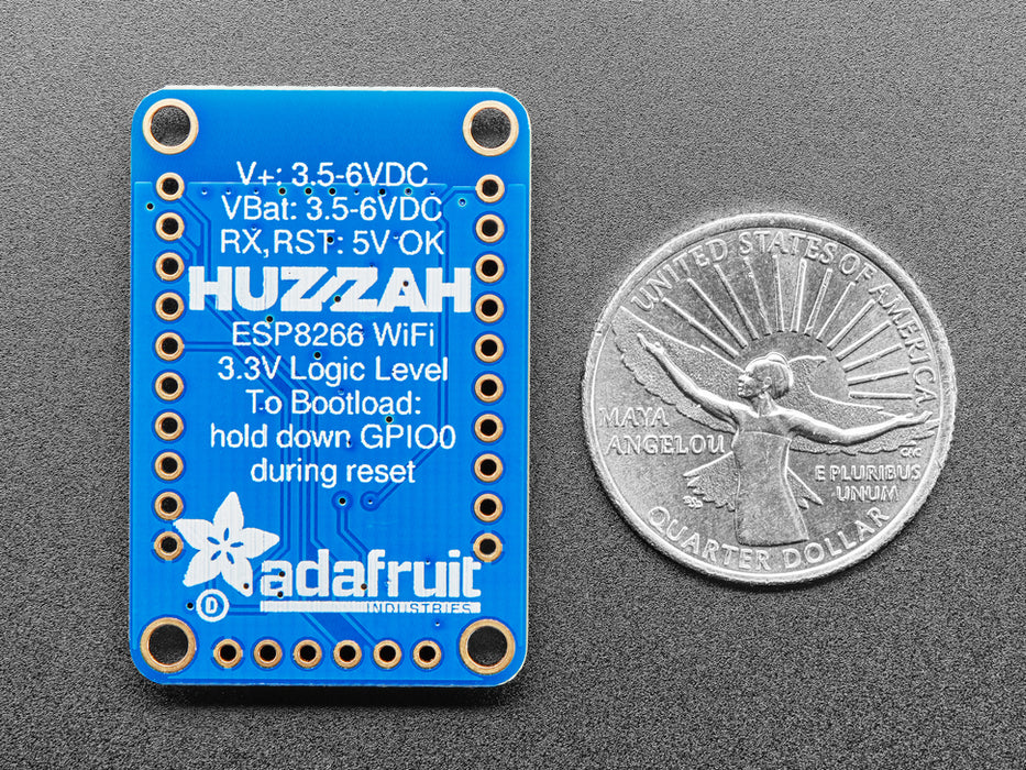 Angled shot of a Adafruit HUZZAH ESP8266 Breakout. 