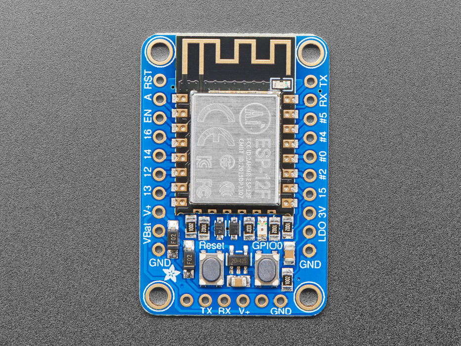 Angled shot of a Adafruit HUZZAH ESP8266 Breakout. 