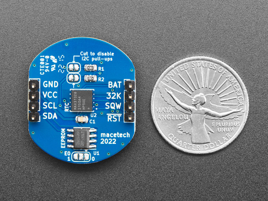 Angled shot of a ChronoDot - Ultra-precise Real Time Clock with a cell battery inserted. 