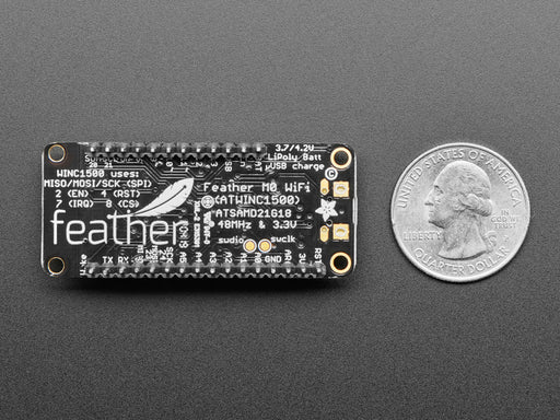 Angled shot of Assembled Adafruit Feather M0 WiFi. 