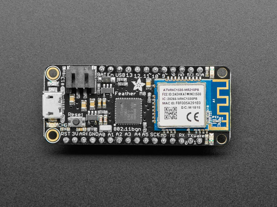 Angled shot of Assembled Adafruit Feather M0 WiFi. 