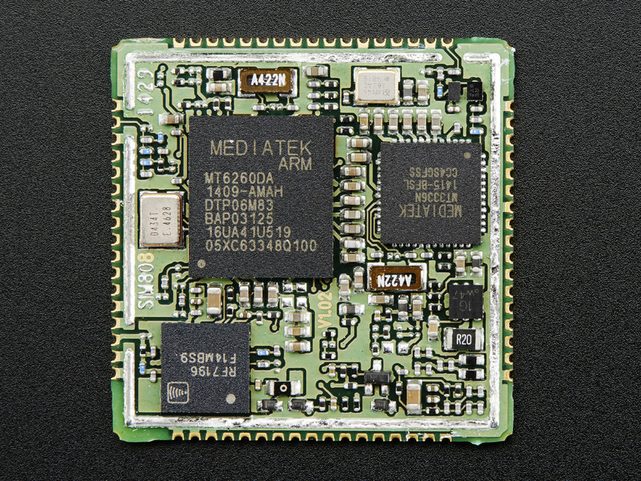 Angled shot of a SIM808 GSM + GPRS + GPS Cellular Module. 