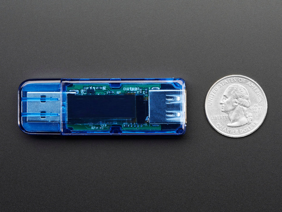 Top view of USB Voltage Meter with OLED Display that reads various measurements.
