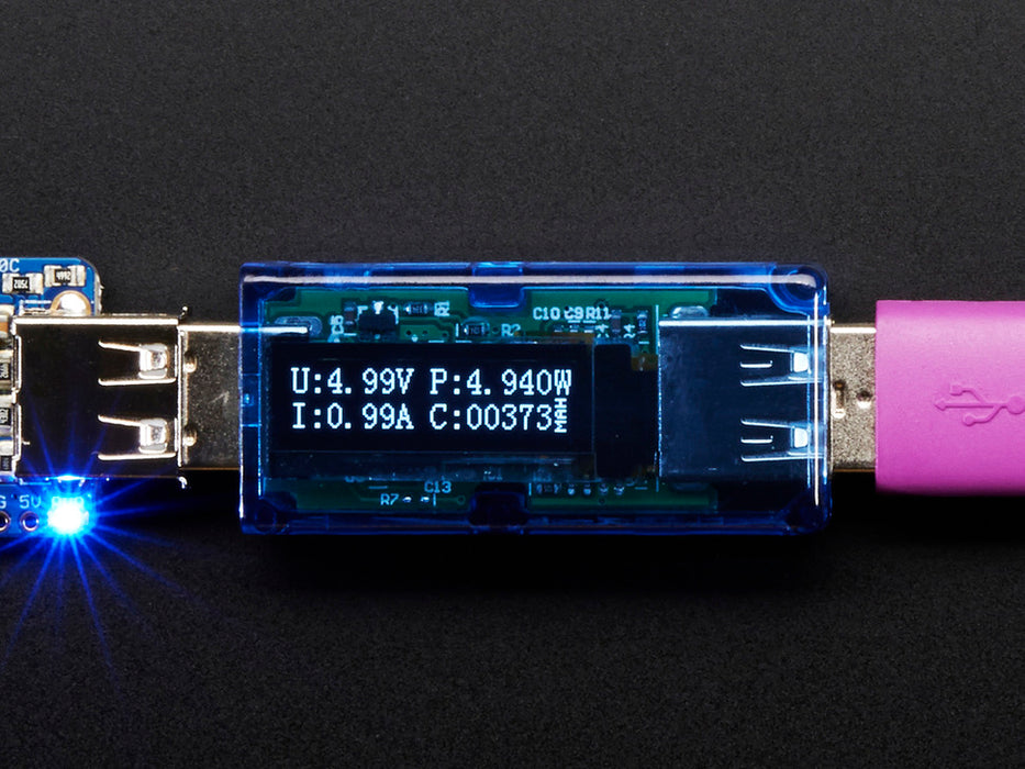 Top view of USB Voltage Meter with OLED Display that reads various measurements.
