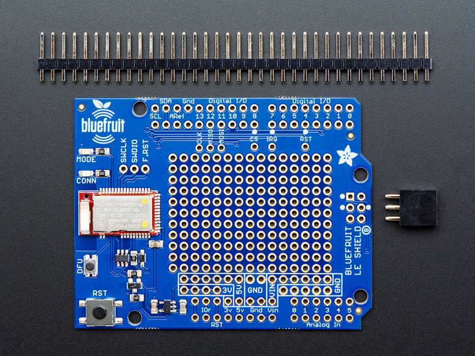 Close up of a Side view of a Adafruit Bluefruit LE Shield - Bluetooth LE for Arduino. 