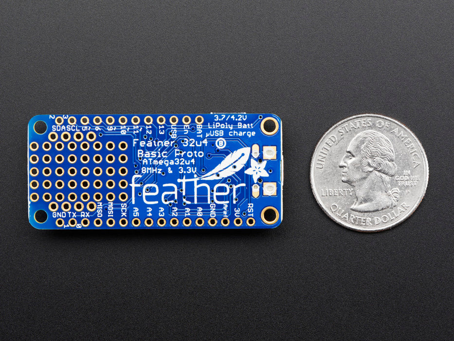 Angled shot of a Adafruit Feather 32u4 Basic Proto. 