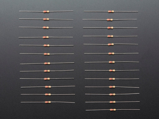 Angled shot of 25 Through-Hole Resistors - 220 ohm 5% 1/4W.