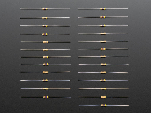 Angled shot of 25 Through-Hole Resistors - 470 ohm 5% 1/4W.