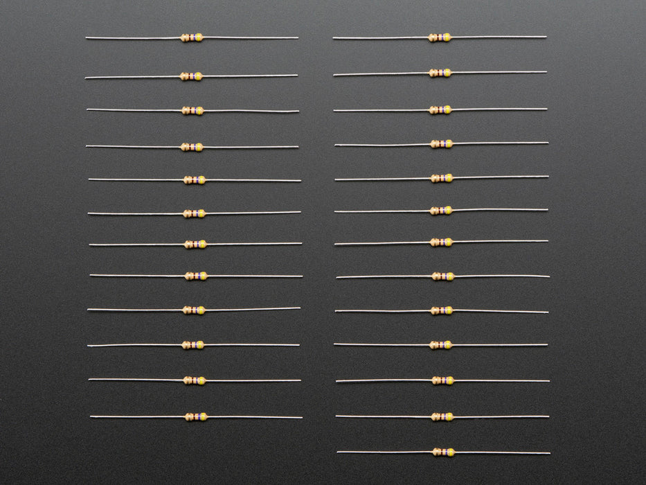 Angled shot of 25 Through-Hole Resistors - 470 ohm 5% 1/4W.