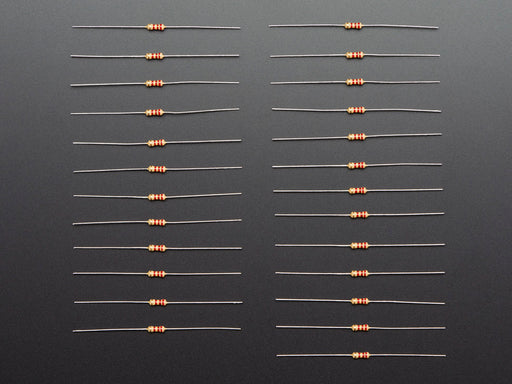 Angled shot of 25 Through-Hole Resistors - 2.2K ohm 5% 1/4W.