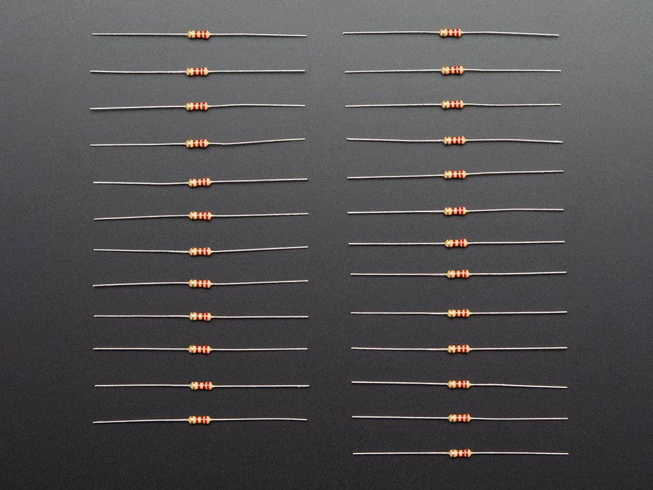 Angled shot of 25 Through-Hole Resistors - 2.2K ohm 5% 1/4W.