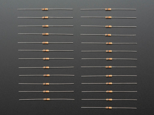 Angled shot of 25 Through-Hole Resistors - 10K ohm 5% 1/4W.