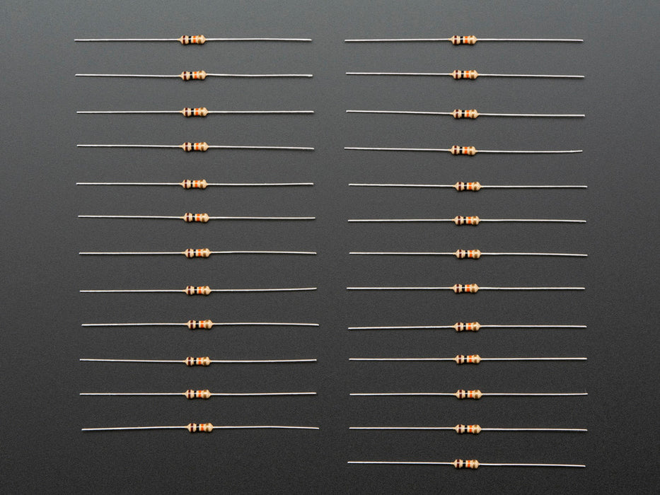 Angled shot of 25 Through-Hole Resistors - 10K ohm 5% 1/4W.