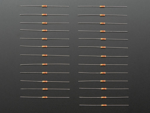 Angled shot of 25 Through-Hole Resistors - 42K ohm 5% 1/4W.